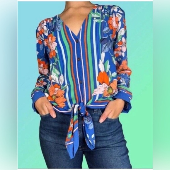 Maeve Tops - ANTHROPOLOGIE MAEVE Elan Scarf Floral Print Tie Front Blouse Size 8